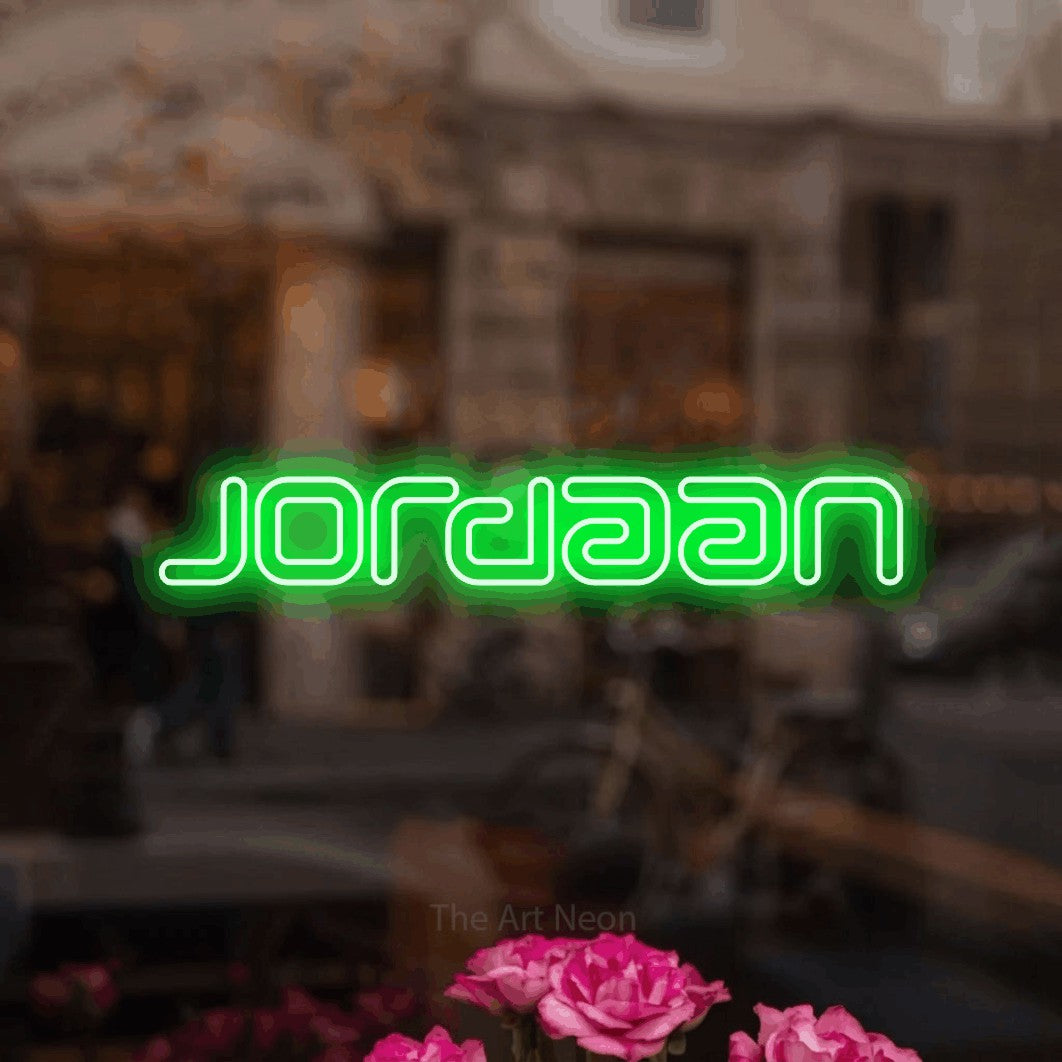 LED neon sign reading “jordaan”, arranged in a single line.