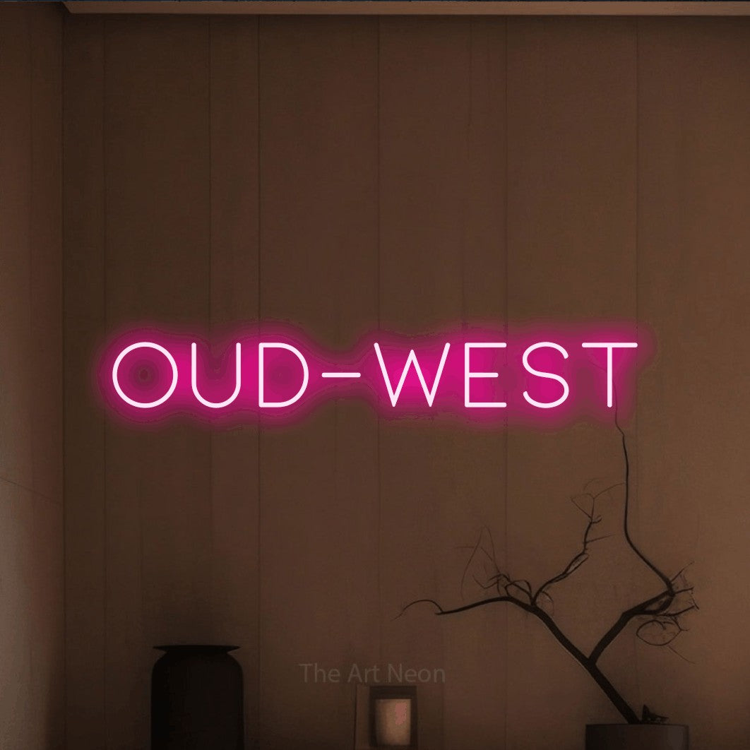 LED neon sign reading “OUD-WEST”, arranged in a single line.