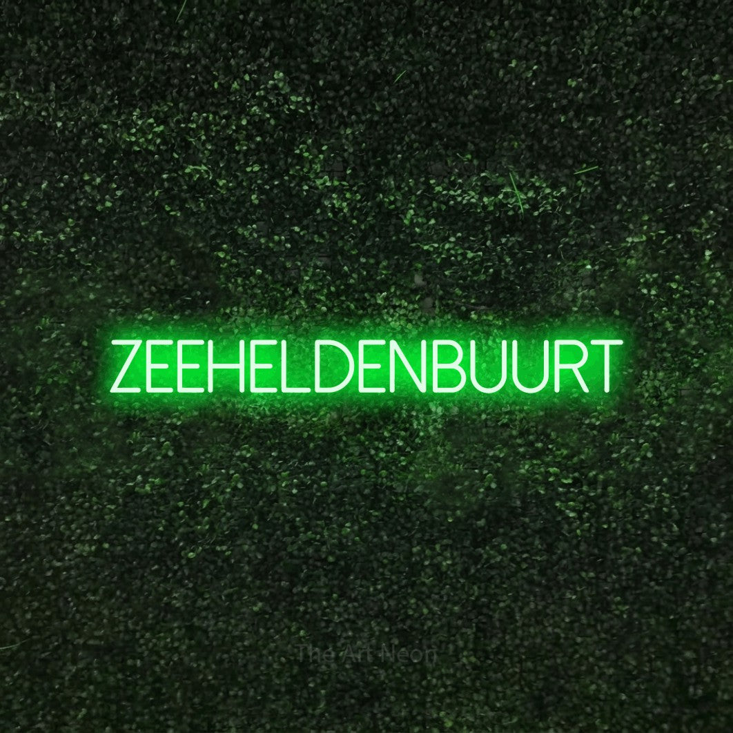 LED neon sign reading “ZEEHELDENBUURT”, arranged in a single line.