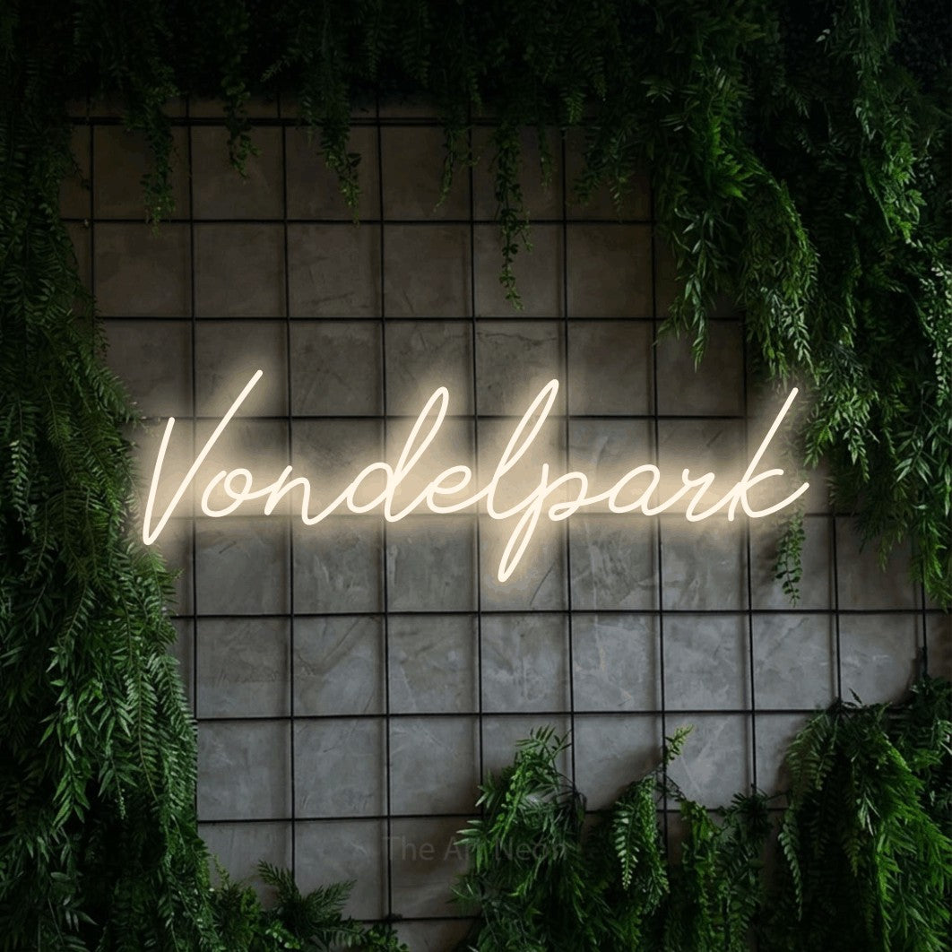 LED neon sign reading “Vondelpark”, arranged in a single line.