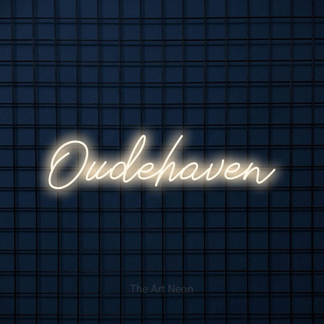 LED neon sign reading “Oudehaven”, arranged in a single line.