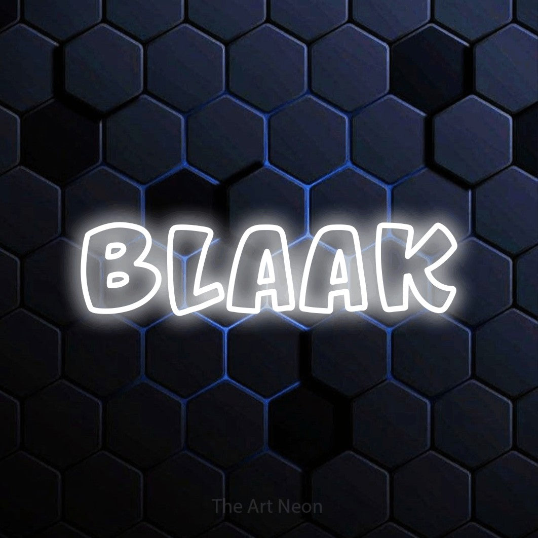 LED neon sign reading “BLAAK”, arranged in a single line.