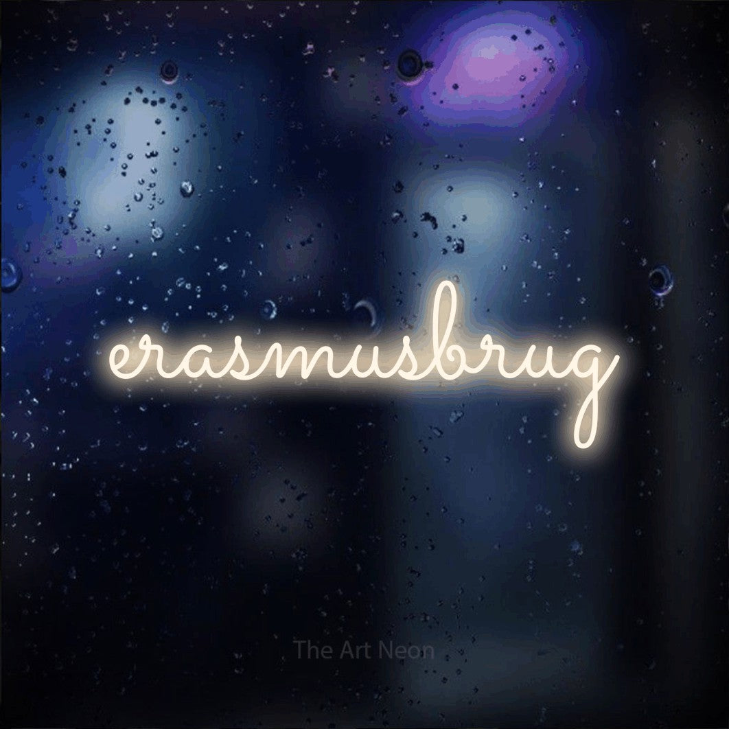 LED neon sign reading “erasmusbrug”, arranged in a single line.