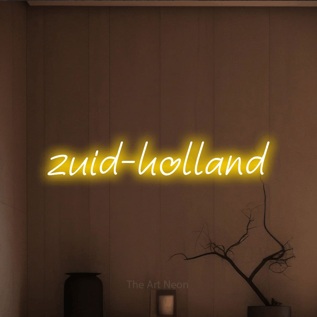 LED neon sign reading “zuid-holland”, arranged in a single line.