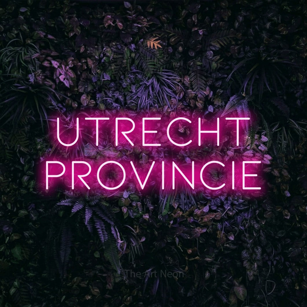 LED neon sign reading “UTRECHT PROVINCIE”, arranged in 2 lines.