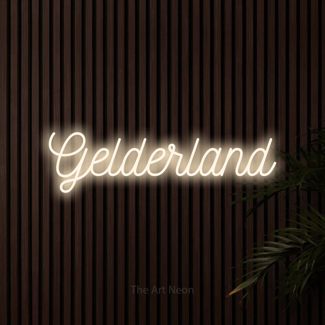 LED neon sign reading “Gelderland”, arranged in a single line.