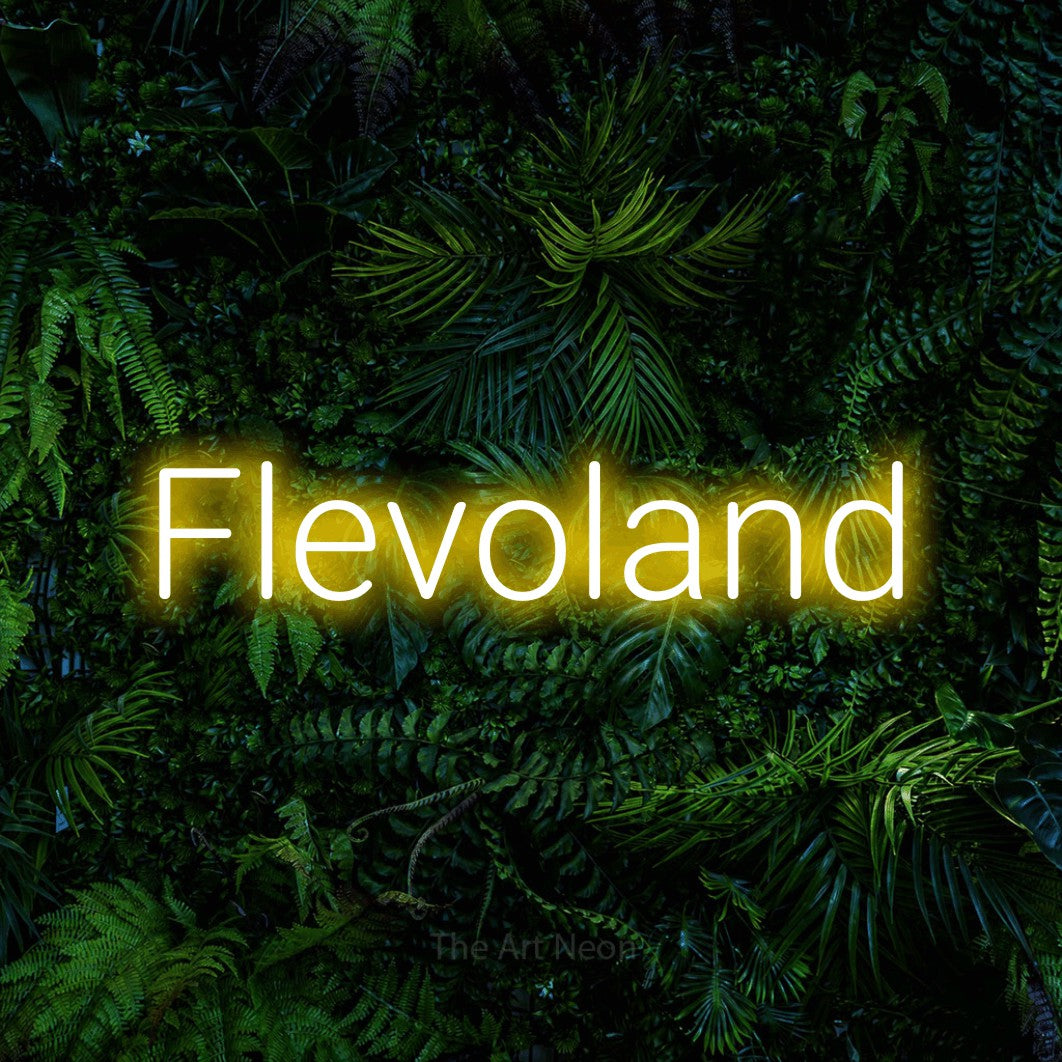 LED neon sign reading “Flevoland”, arranged in a single line.