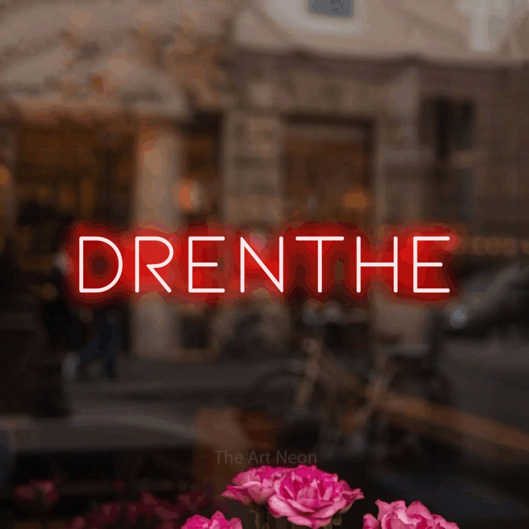 LED neon sign reading “drenthe”, arranged in a single line.