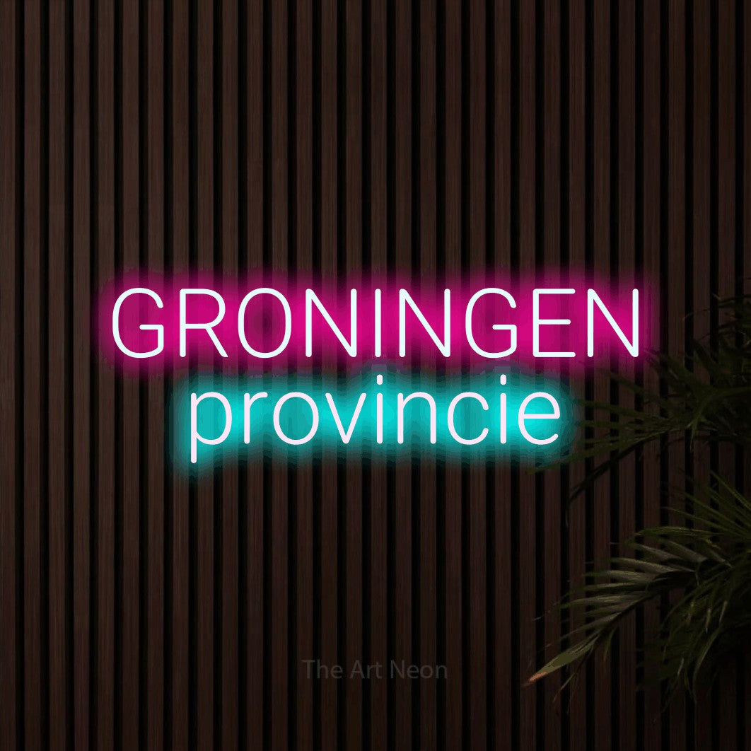 LED neon sign reading “GRONINGEN provincie”, arranged in 2 lines.