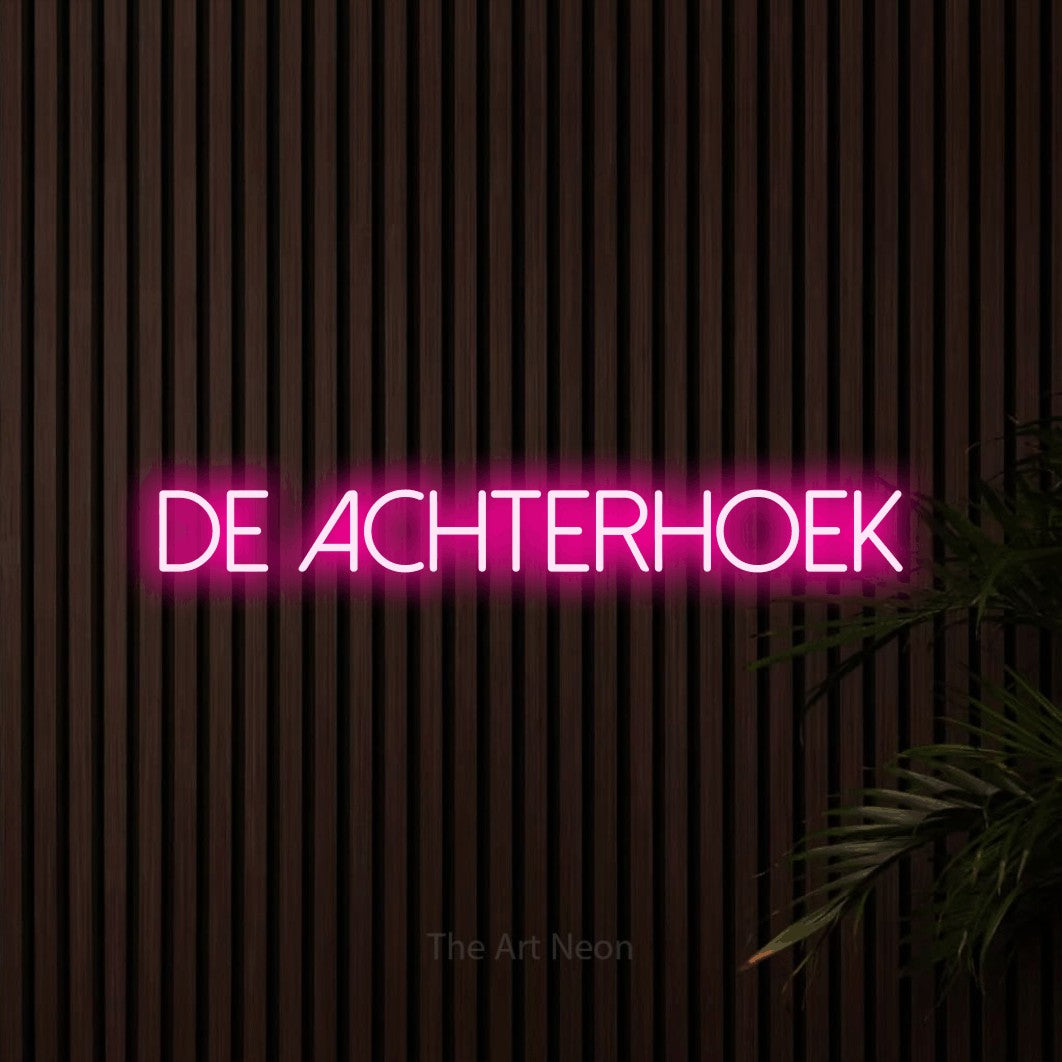 LED neon sign reading “de achterhoek”, arranged in a single line.
