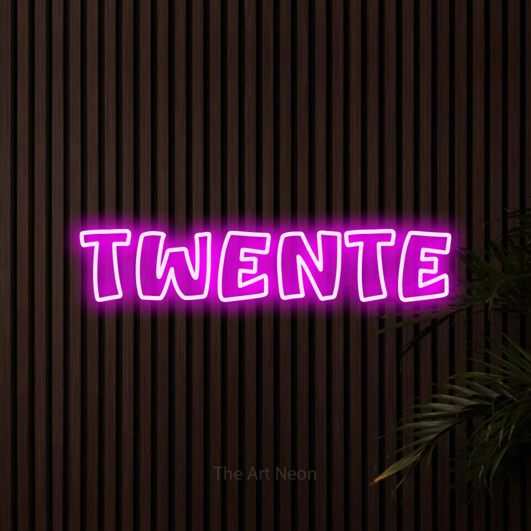 LED neon sign reading “TWENTE”, arranged in a single line.
