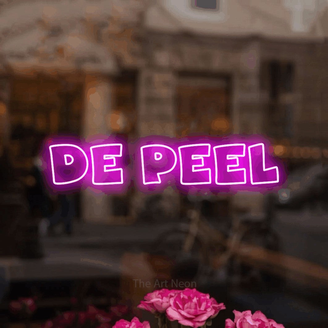 LED neon sign reading “DE Peel”, arranged in a single line.