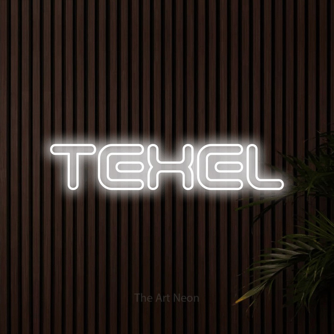 LED neon sign reading “TEXEL”, arranged in a single line.