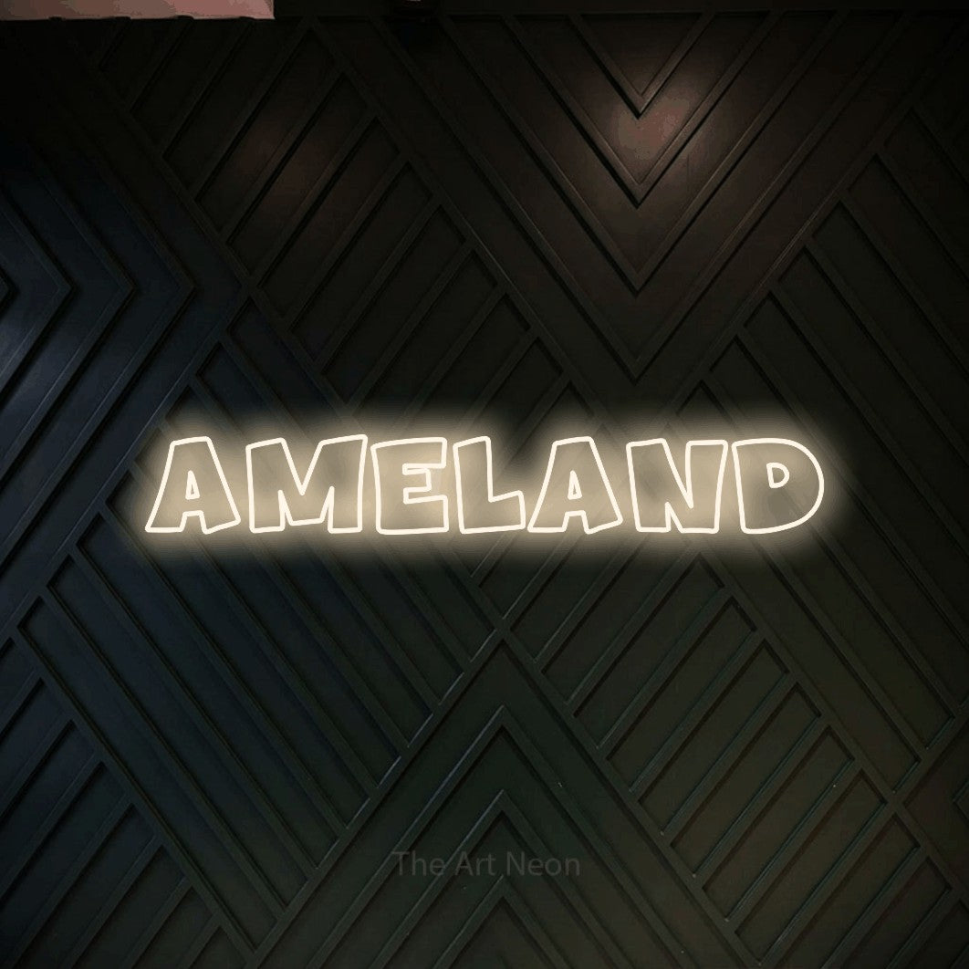 LED neon sign reading “Ameland”, arranged in a single line.