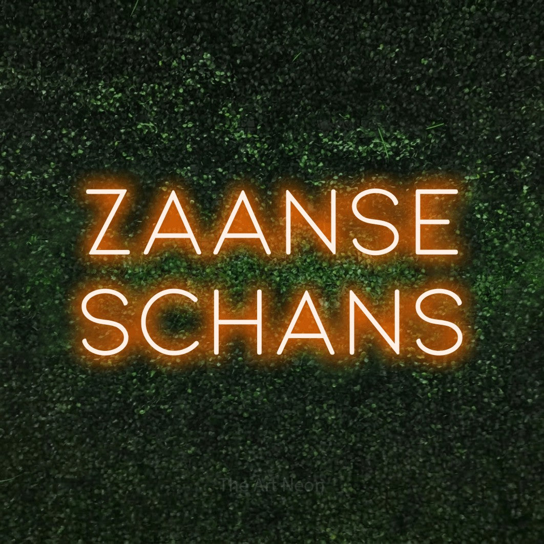 LED neon sign reading “Zaanse Schans”, arranged in 2 lines.