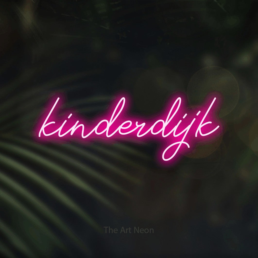 LED neon sign reading “kinderdijk”, arranged in a single line.