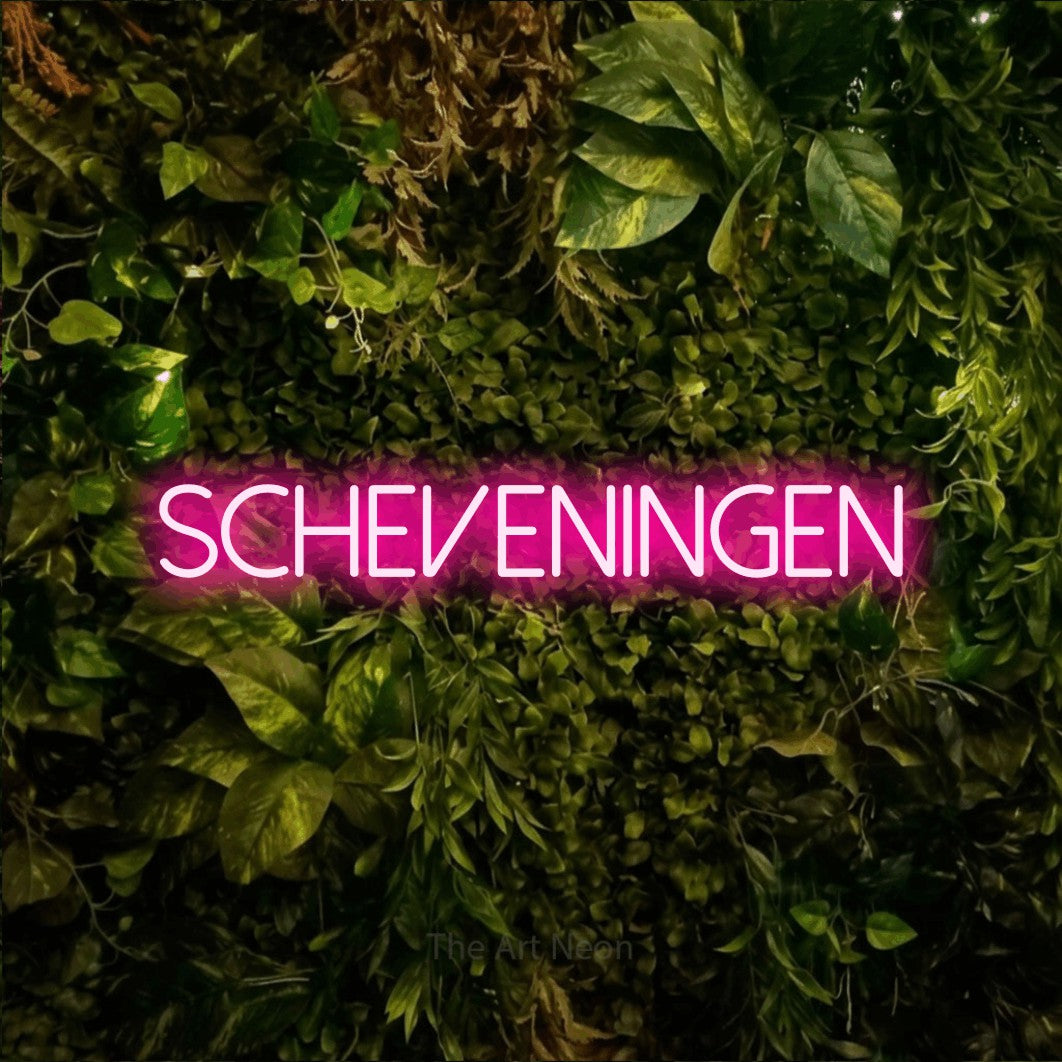 LED neon sign reading “SCHEVENINGEN”, arranged in a single line.