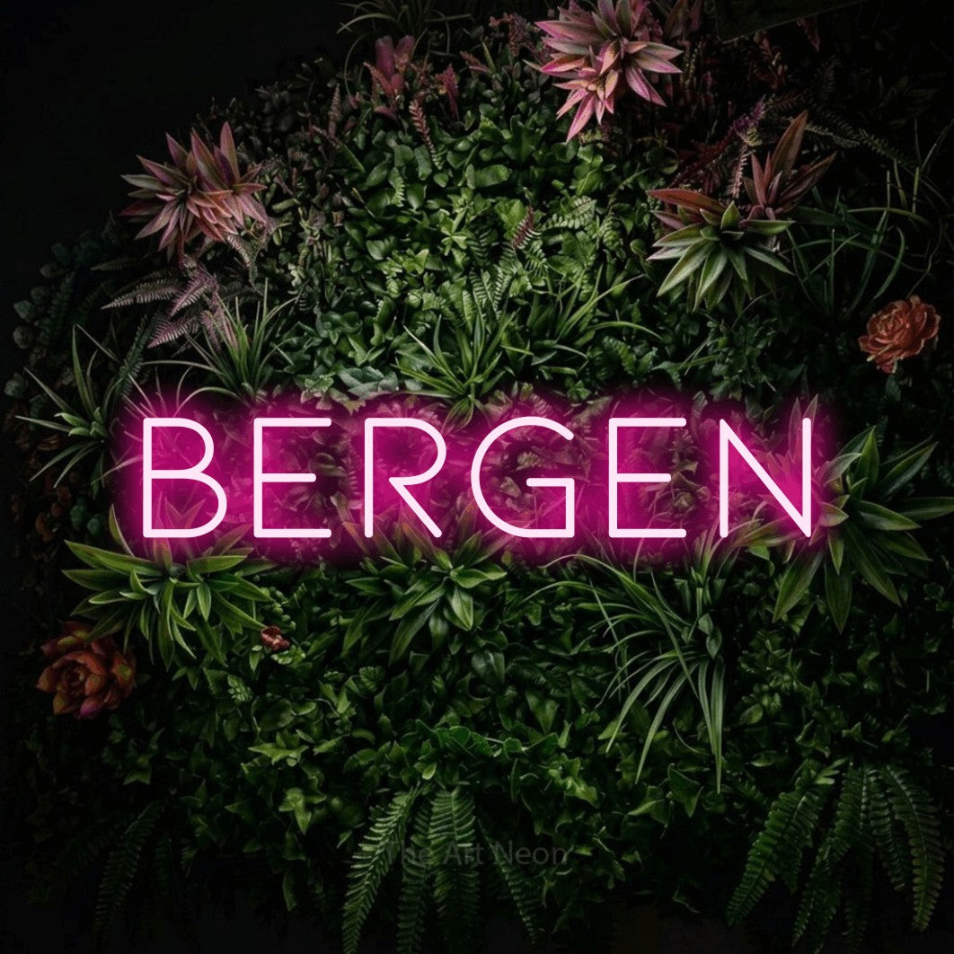 LED neon sign reading “bergen”, arranged in a single line.