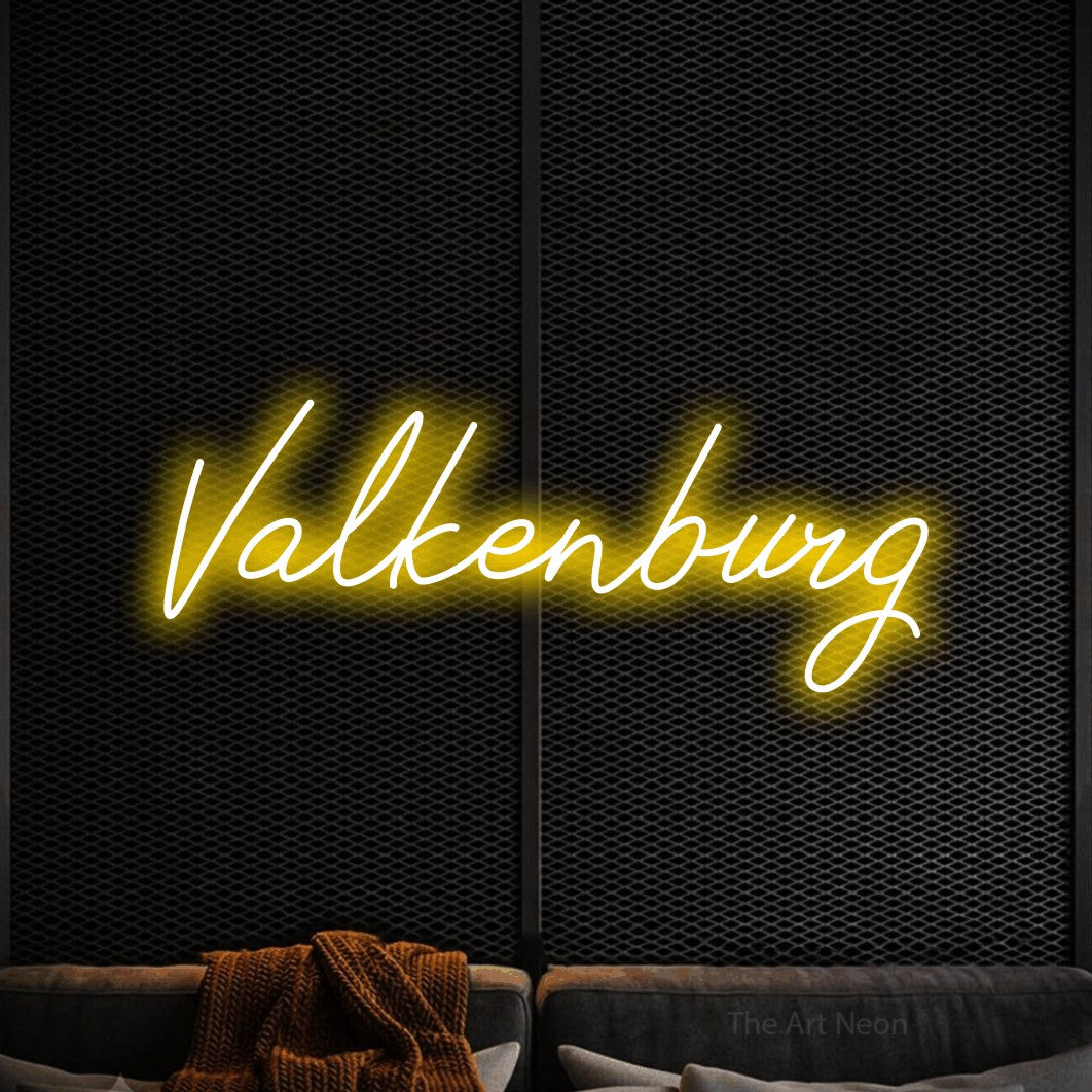 LED neon sign reading “Valkenburg”, arranged in a single line.