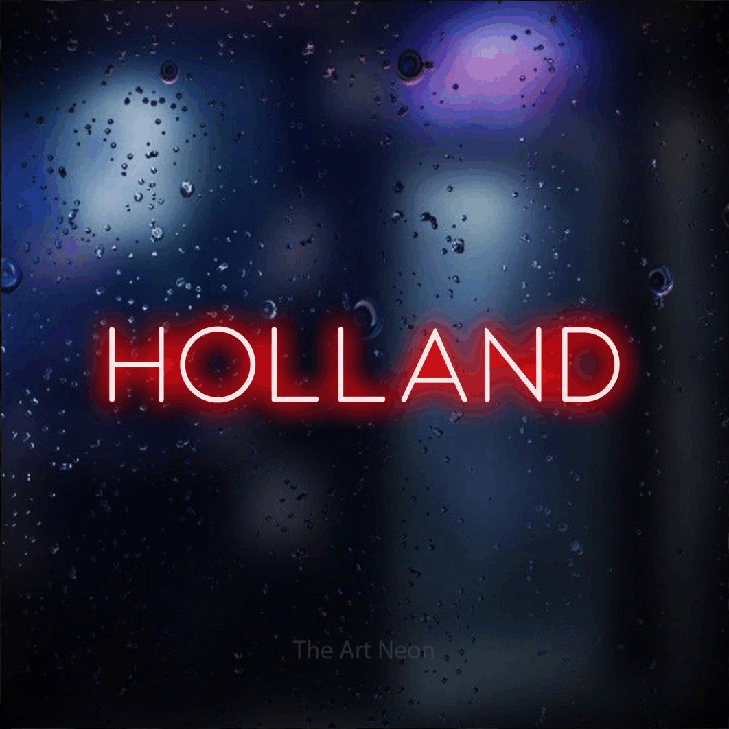 LED neon sign reading “HOLLAND”, arranged in a single line.