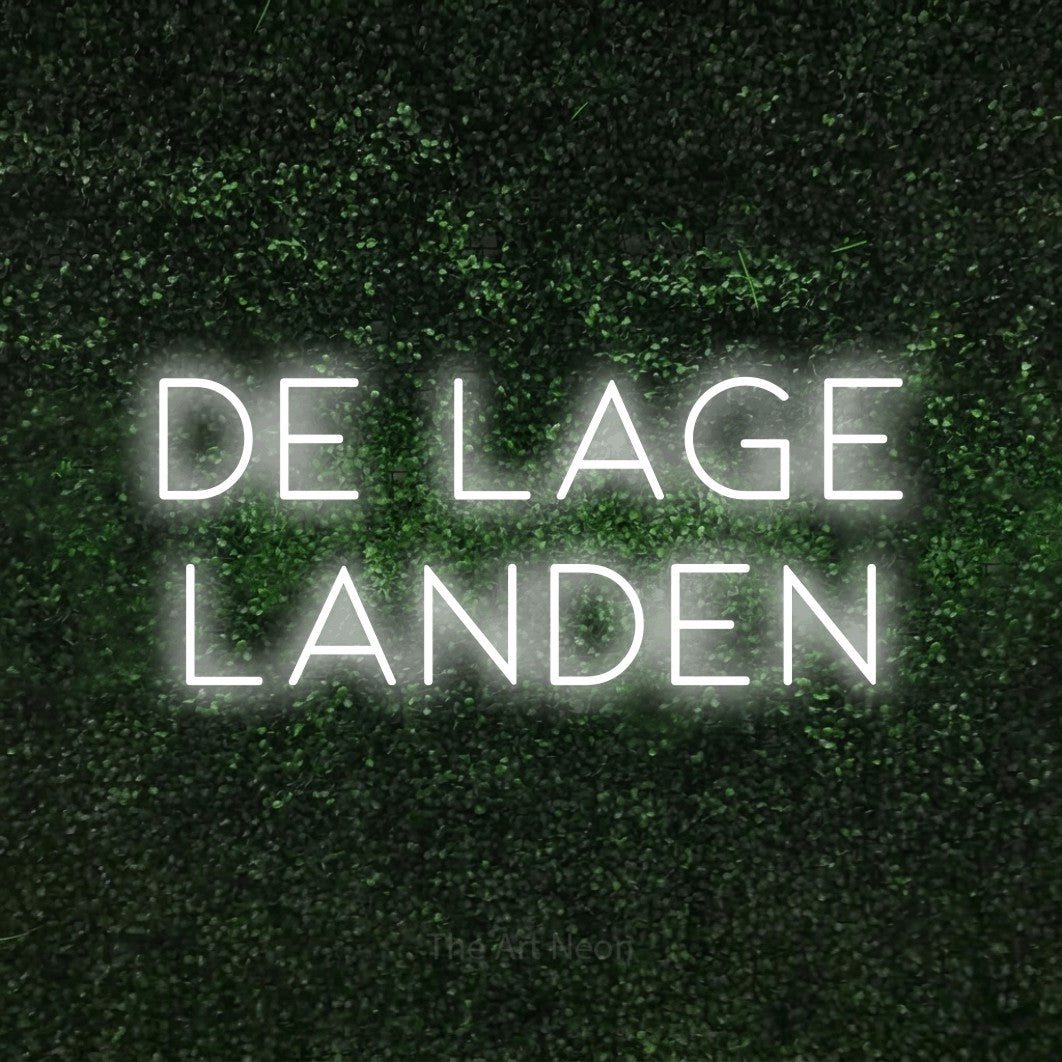 LED neon sign reading “De Lage Landen”, arranged in 2 lines.