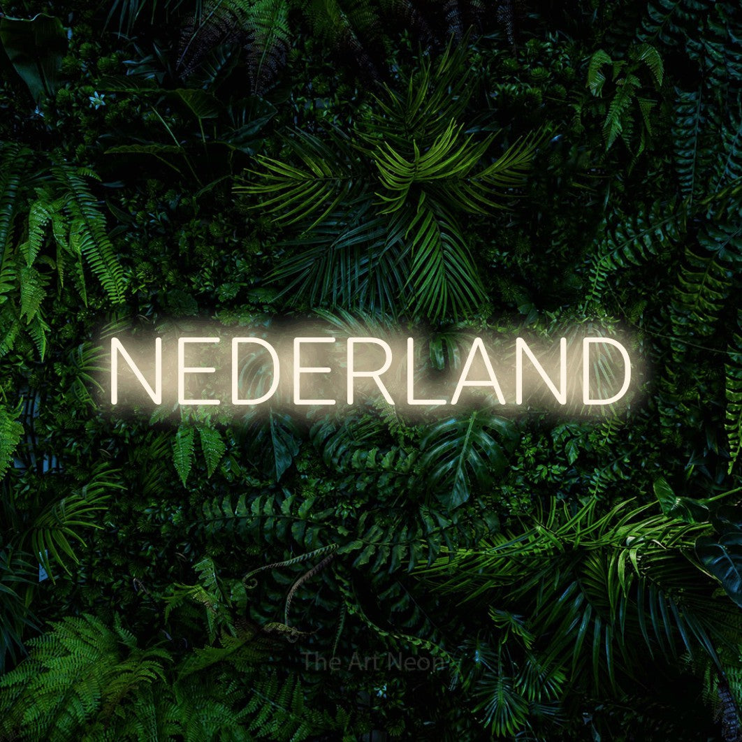 LED neon sign reading “NEDERLAND”, arranged in a single line.