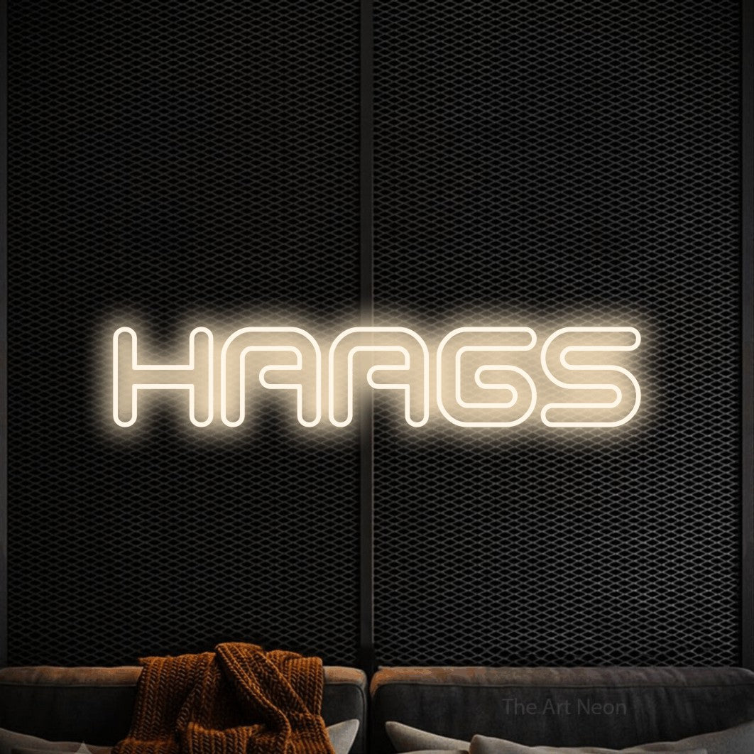 LED neon sign reading “HAAGS”, arranged in a single line.