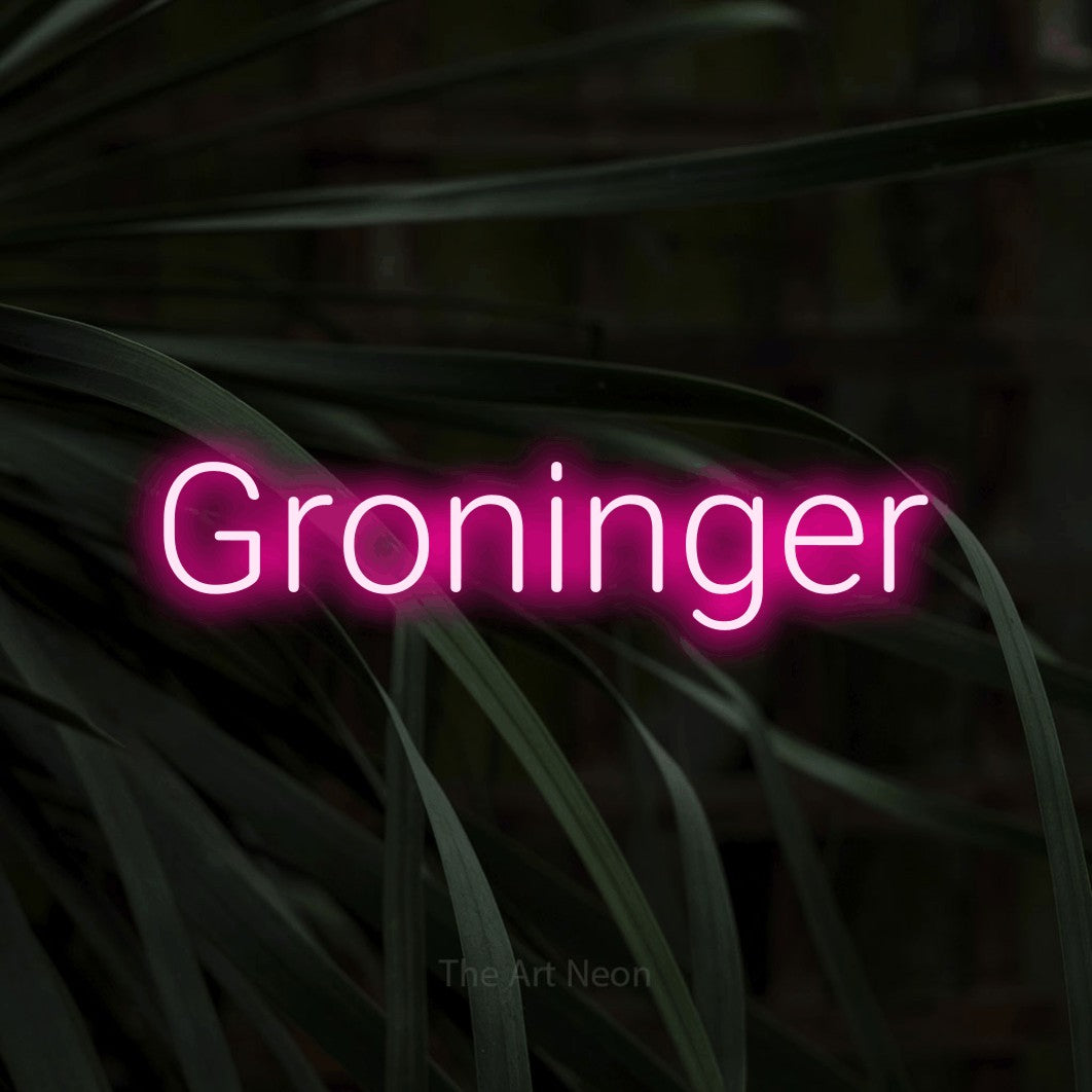 LED neon sign reading “Groninger”, arranged in a single line.