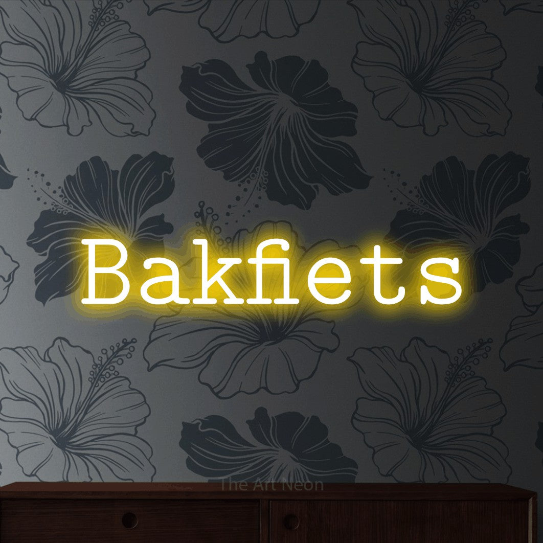 LED neon sign reading “Bakfiets”, arranged in a single line.