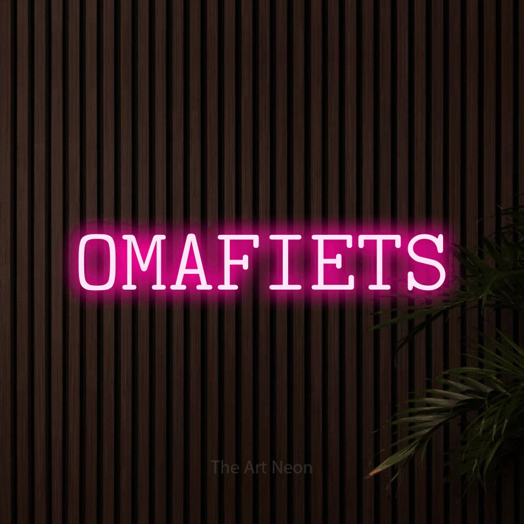 LED neon sign reading “OMAFIETS”, arranged in a single line.