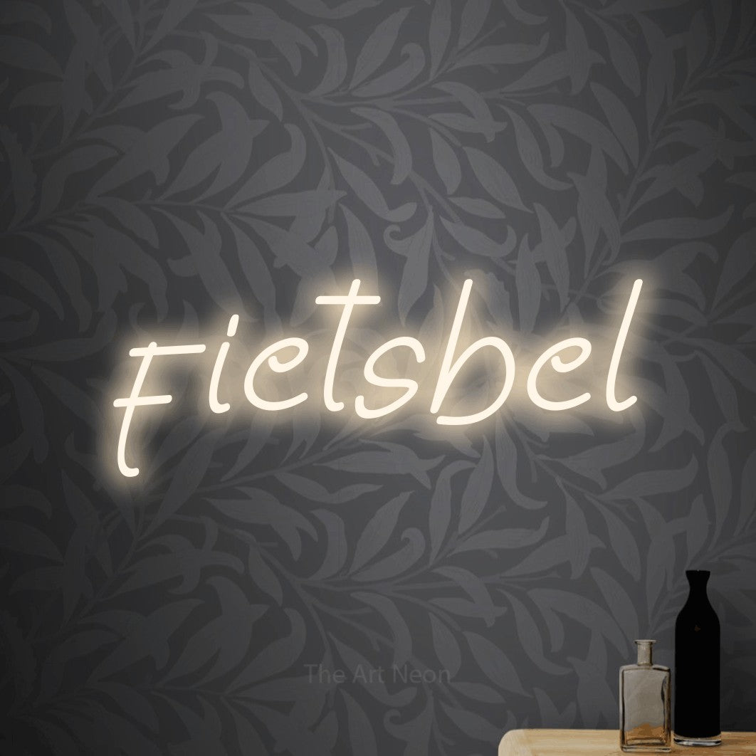 LED neon sign reading “fietsbel”, arranged in a single line.