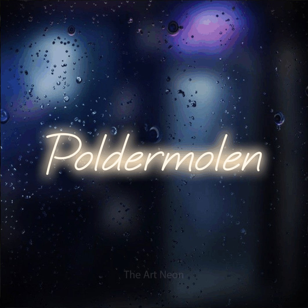 LED neon sign reading “Poldermolen”, arranged in a single line.