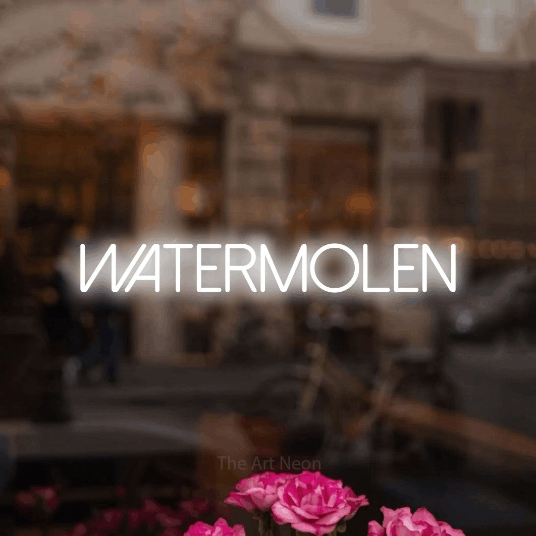 LED neon sign reading “WATERMOLEN”, arranged in a single line.