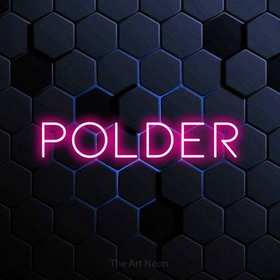 LED neon sign reading “Polder”, arranged in a single line.