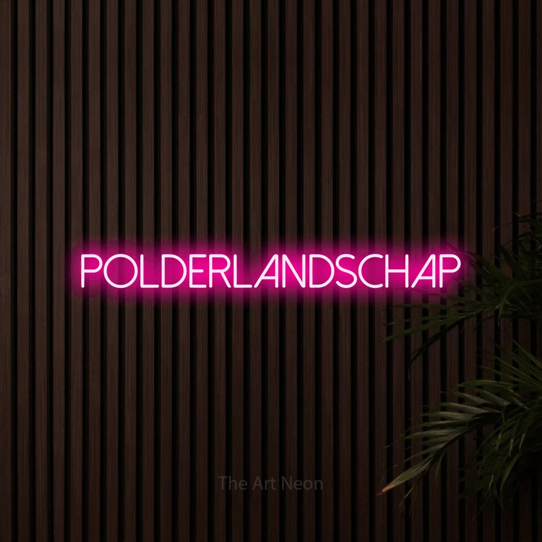 LED neon sign reading “polderlandschap”, arranged in a single line.