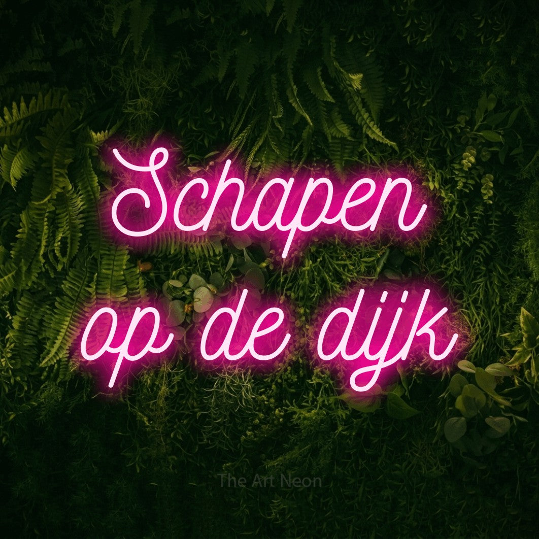 LED neon sign reading “Schapen op de dijk”, arranged in 2 lines.