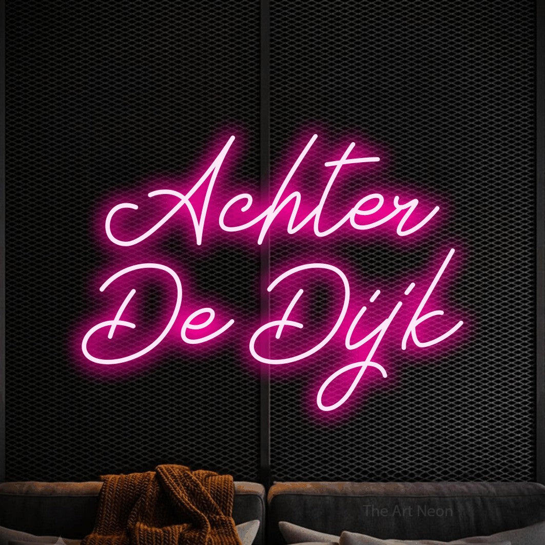 LED neon sign reading “Achter De Dijk”, arranged in 2 lines.