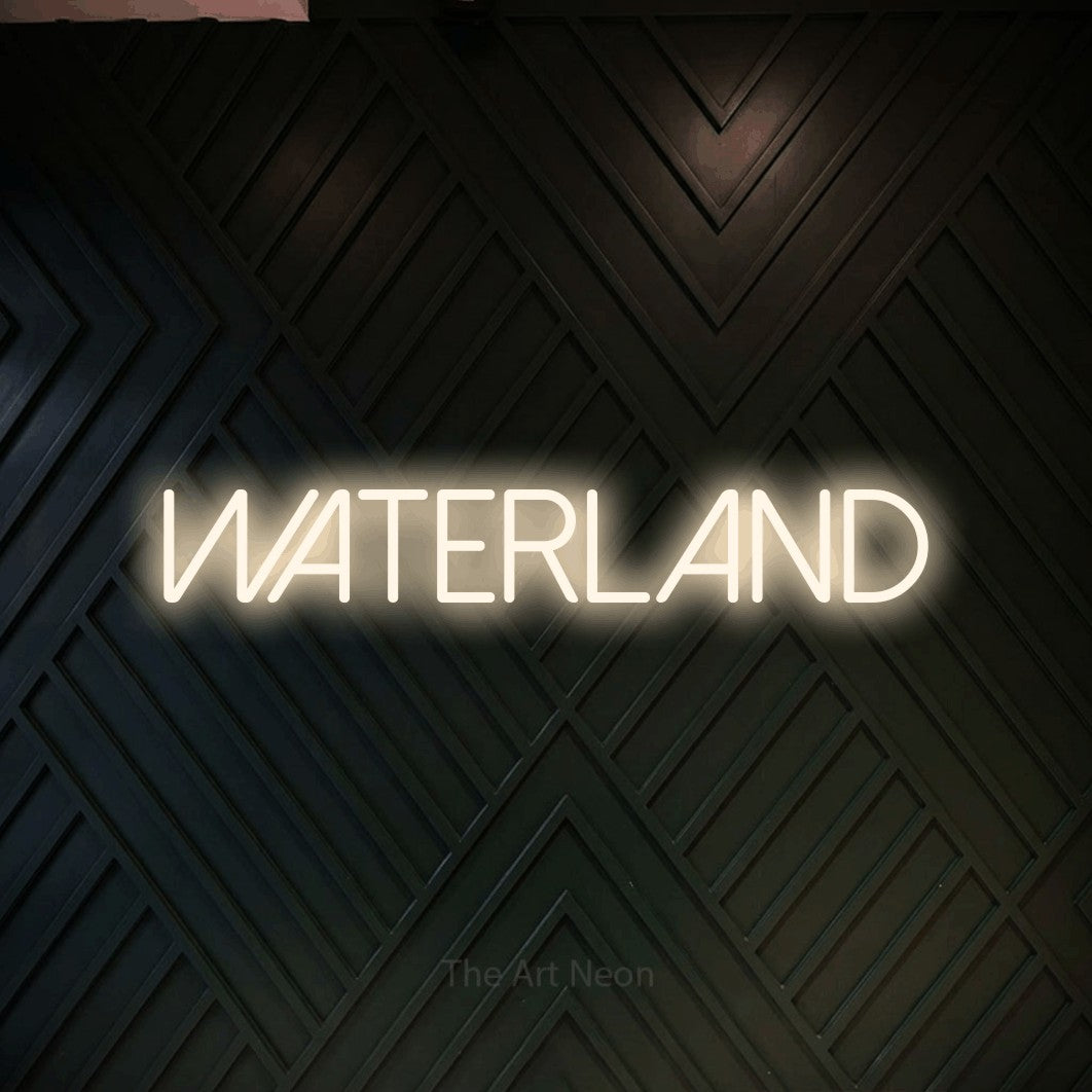 LED neon sign reading “WATERLAND”, arranged in a single line.