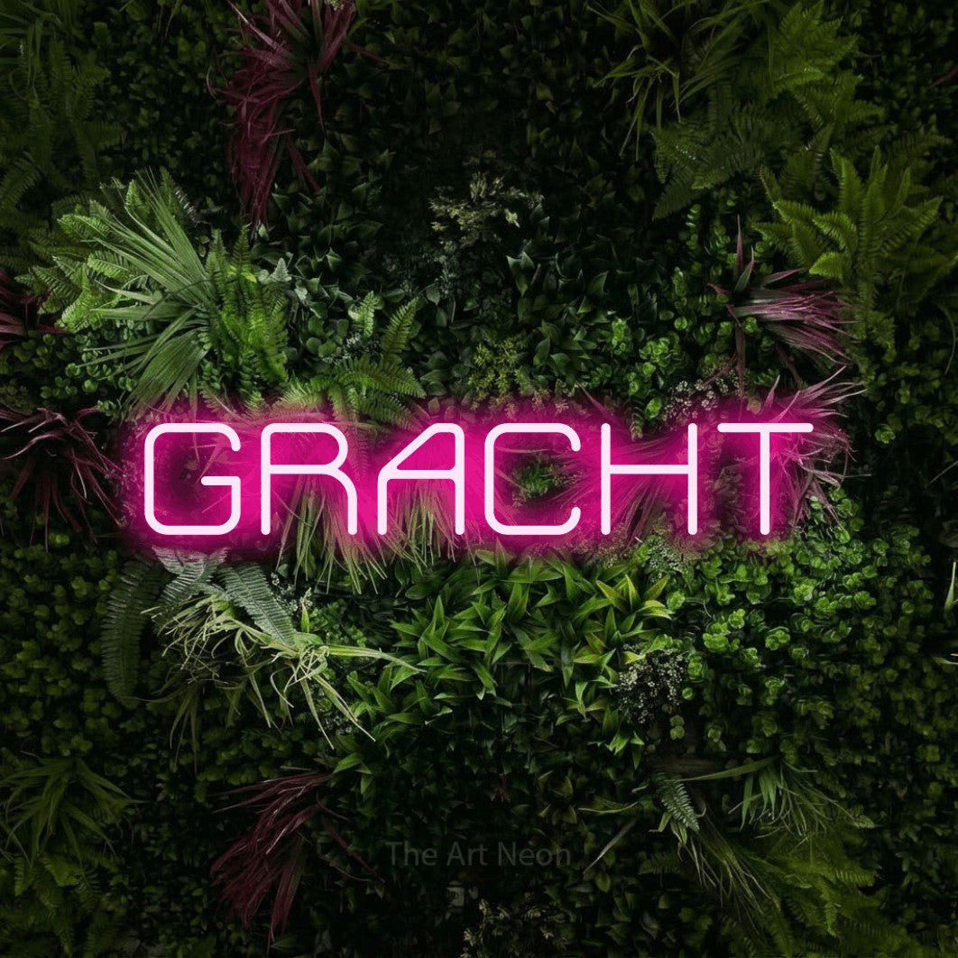 LED neon sign reading “GRACHT”, arranged in a single line.