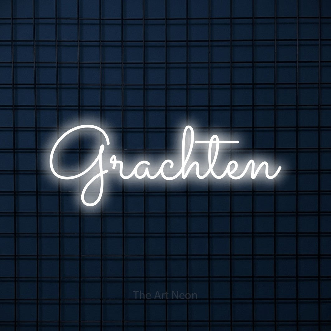 LED neon sign reading “Grachten”, arranged in a single line.