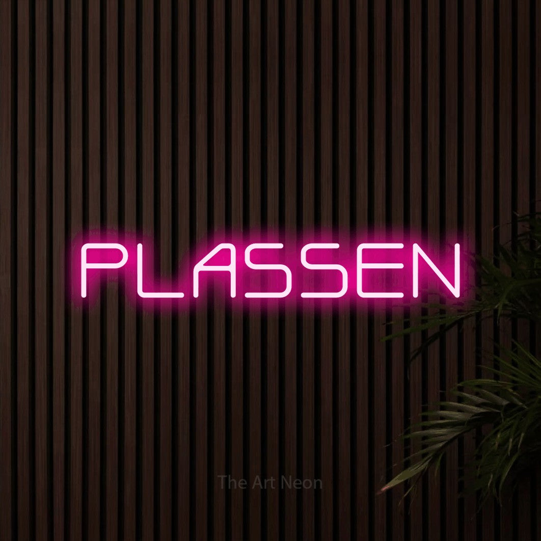 LED neon sign reading “PLASSEN”, arranged in a single line.