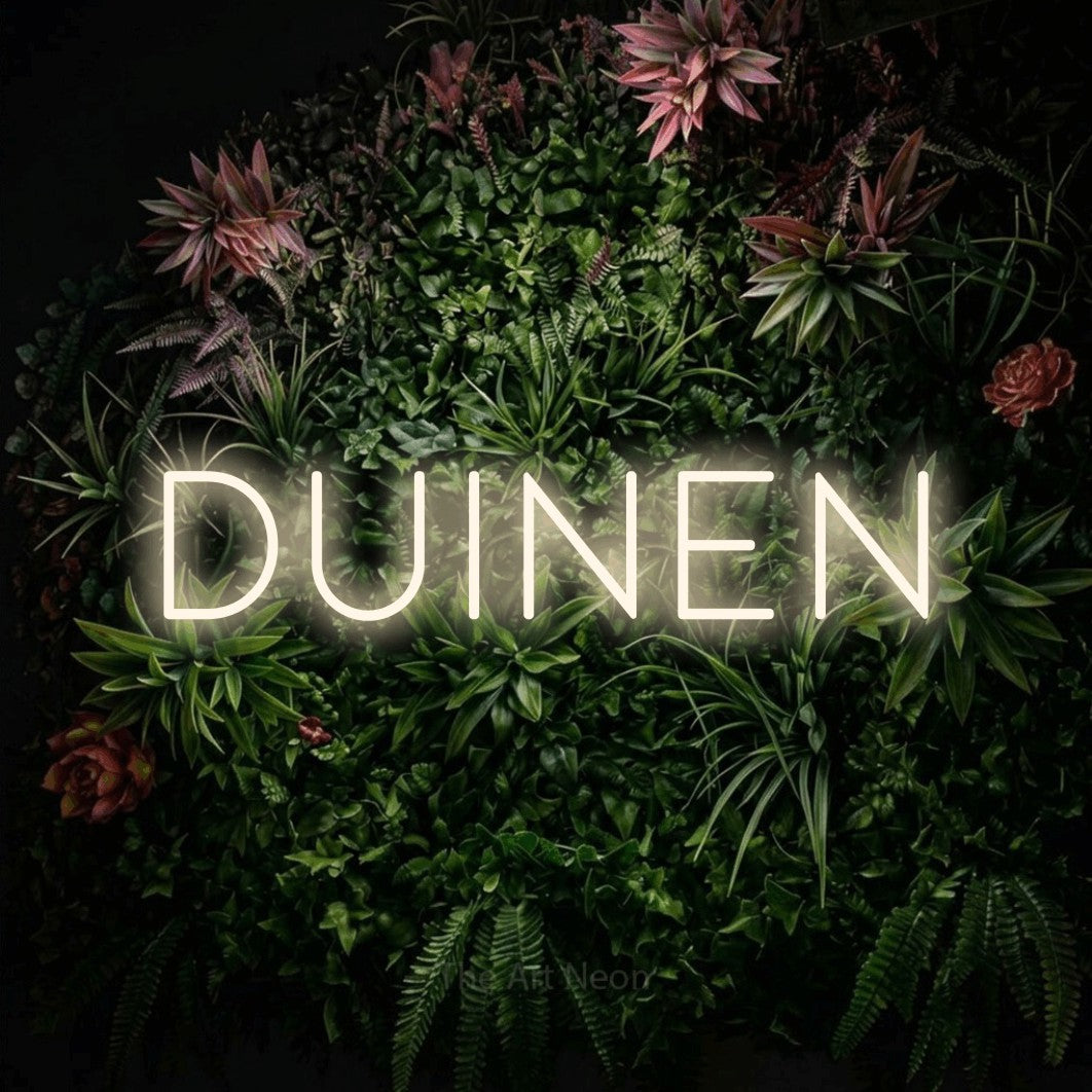 LED neon sign reading “duinen”, arranged in a single line.