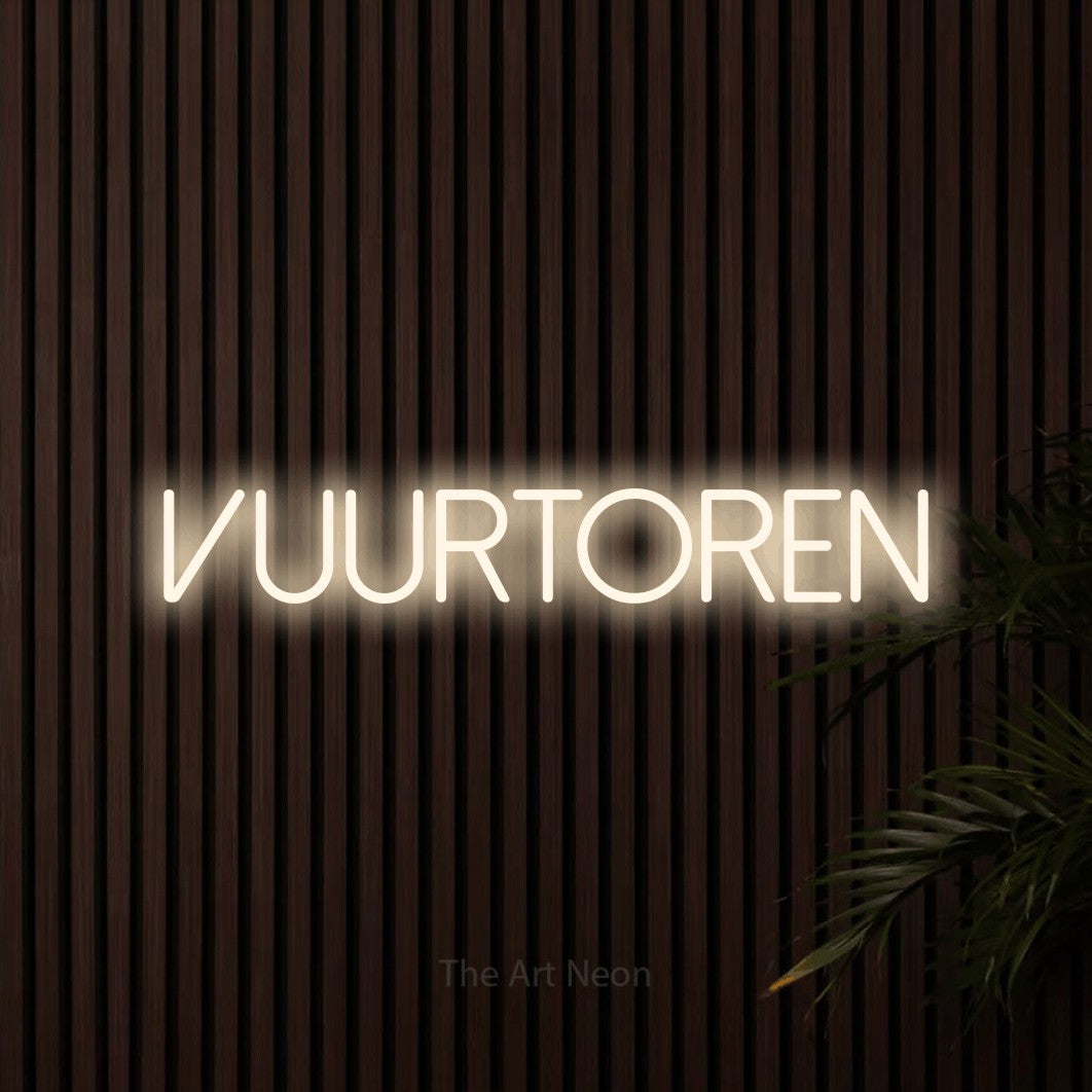 LED neon sign reading “VUURTOREN”, arranged in a single line.