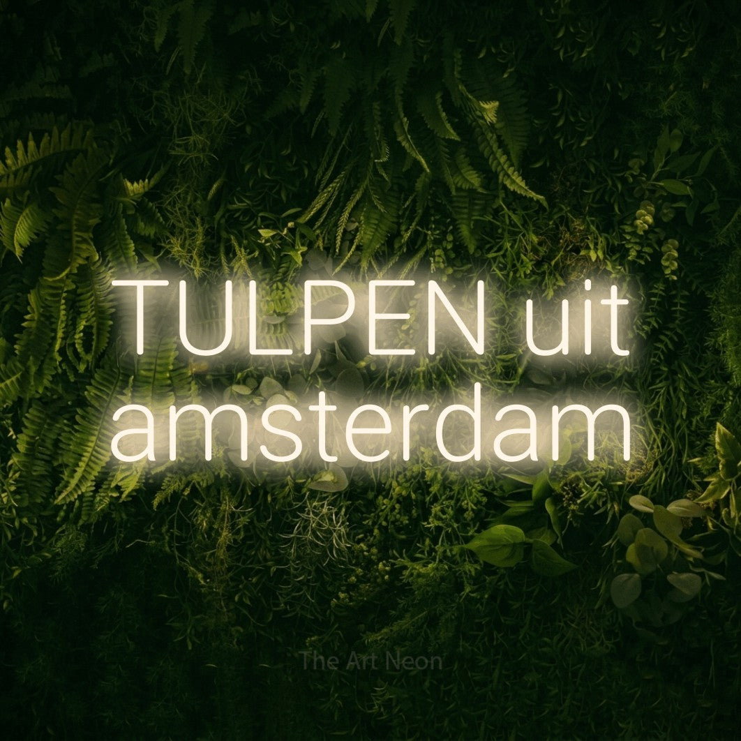 LED neon sign reading “TULPEN uit amsterdam”, arranged in 2 lines.