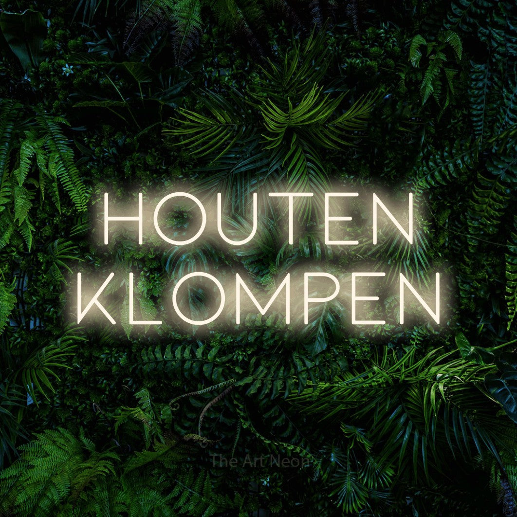 LED neon sign reading “houten klompen”, arranged in 2 lines.