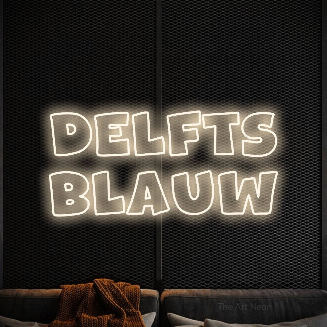 LED neon sign reading “Delfts Blauw”, arranged in 2 lines.
