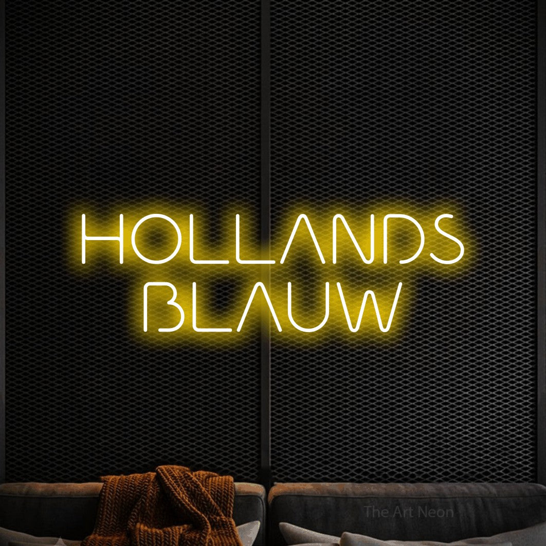 LED neon sign reading “HOLLANDS BLAUW”, arranged in 2 lines.