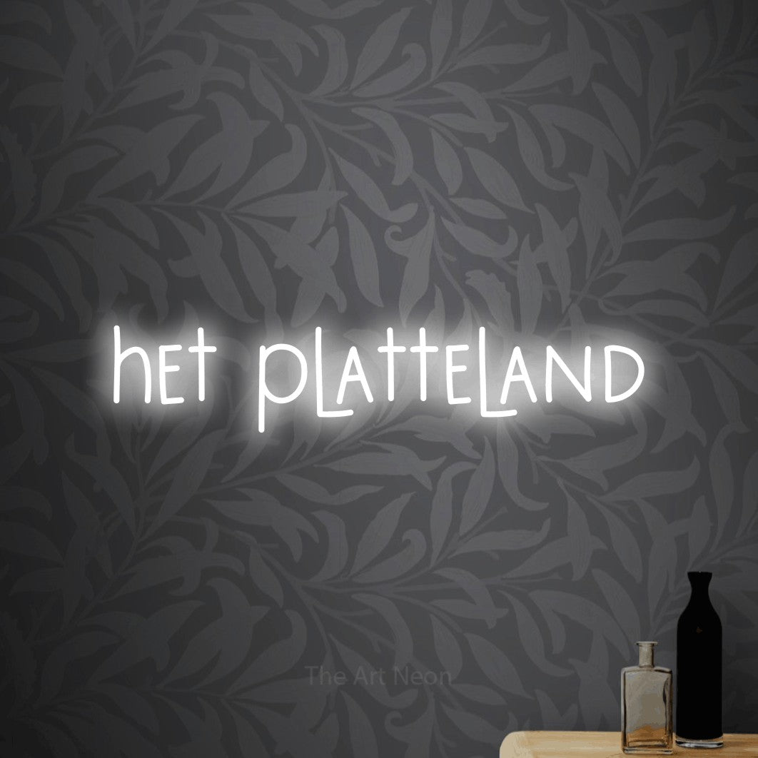 LED neon sign reading “het platteland”, arranged in a single line.