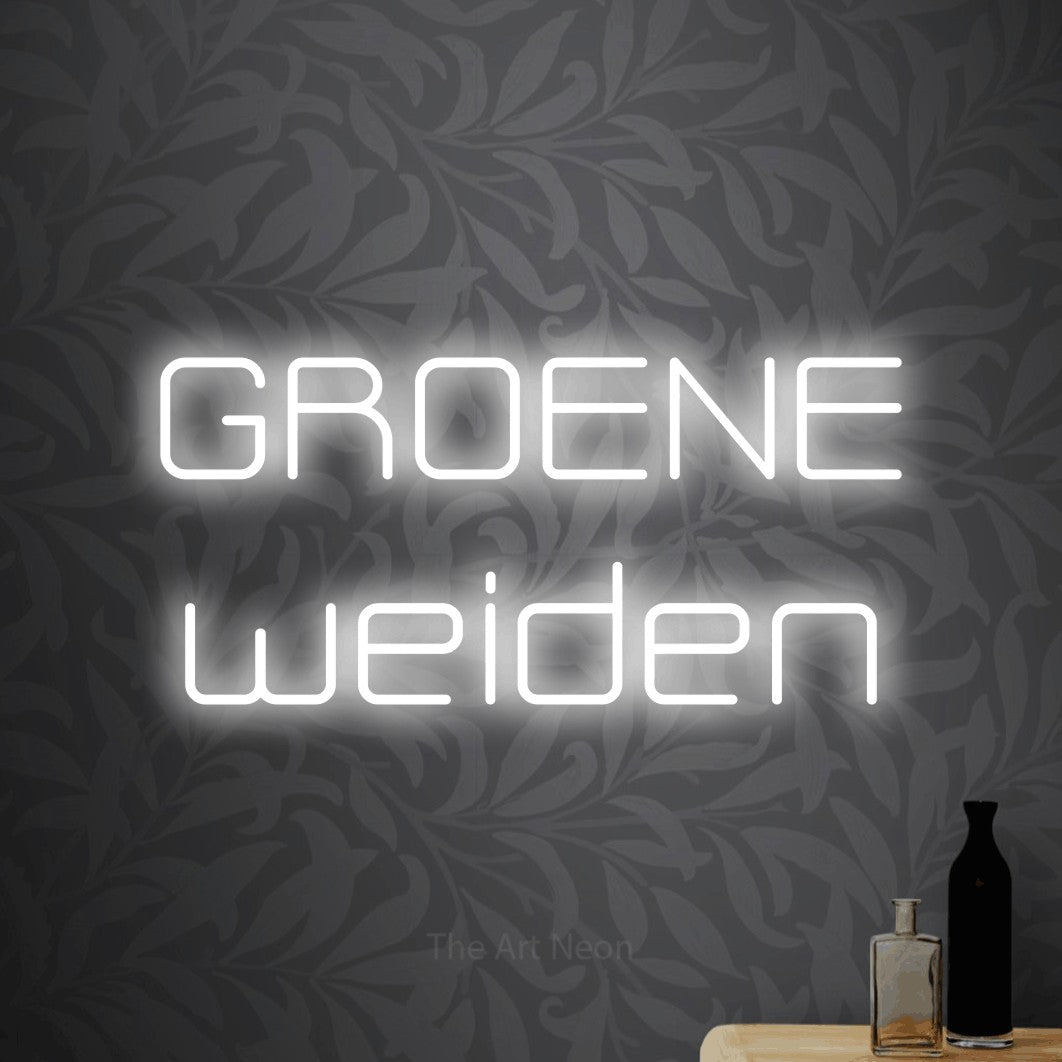 LED neon sign reading “GROENE weiden”, arranged in 2 lines.