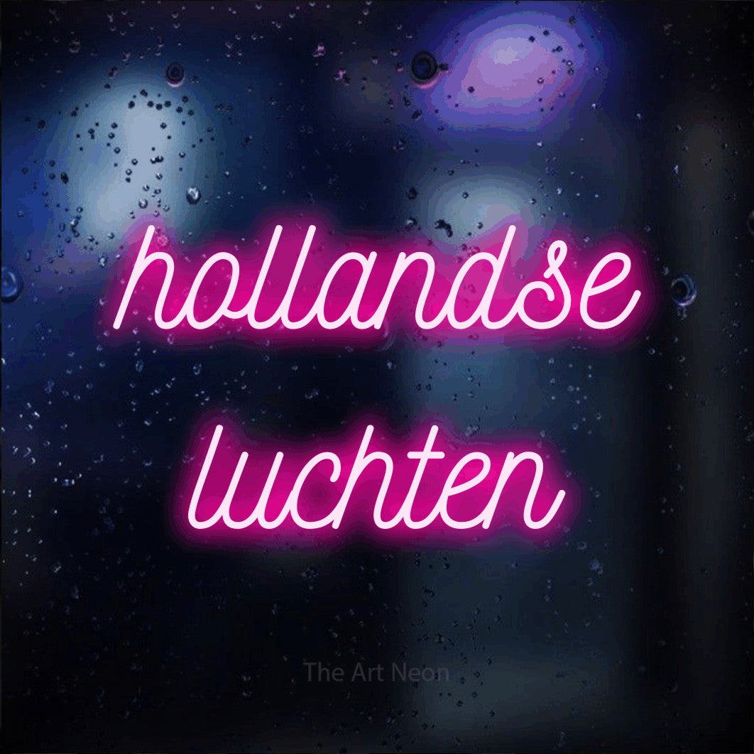 LED neon sign reading “hollandse luchten”, arranged in 2 lines.